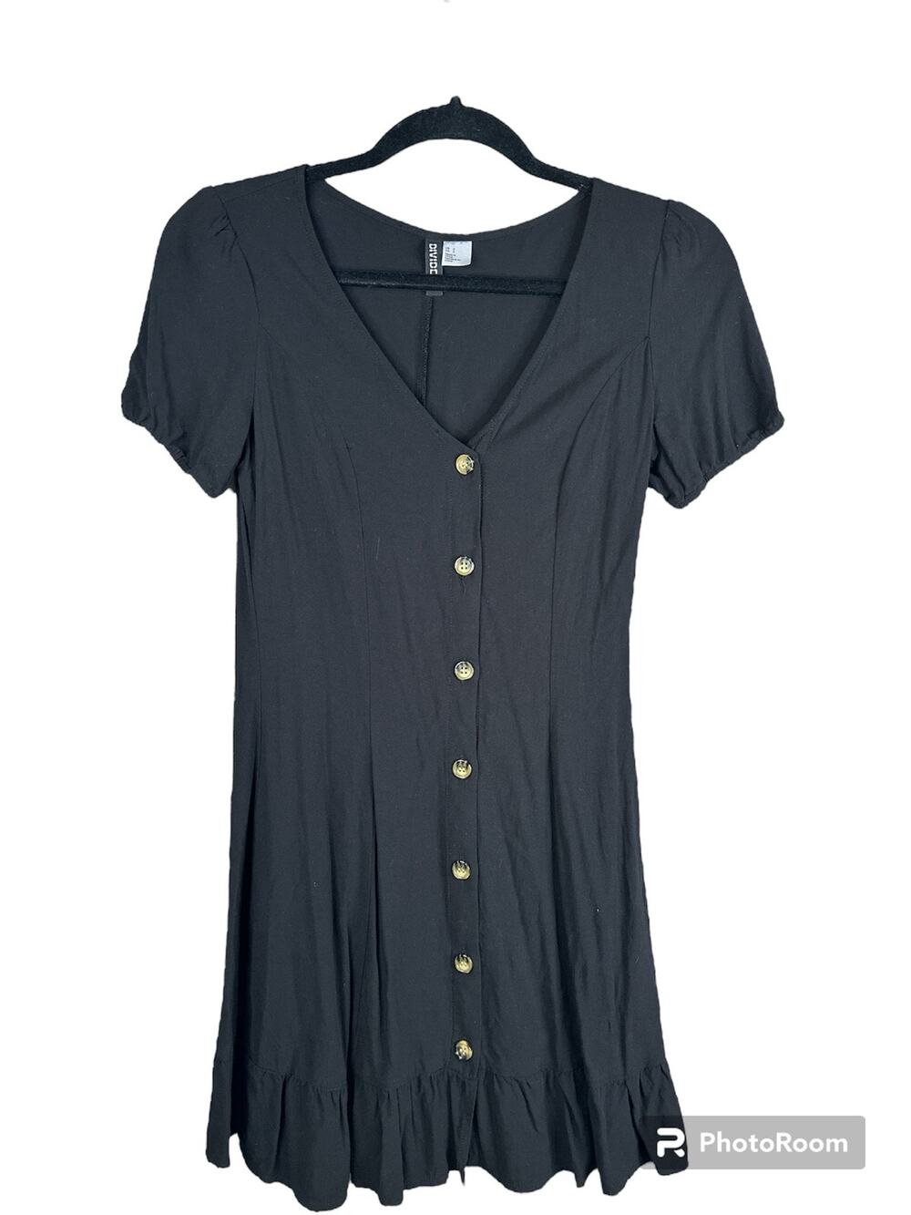 H&M Divided Black Short Sleeve Button Down Ruffle Hem Fit & Flare Dress Size 2